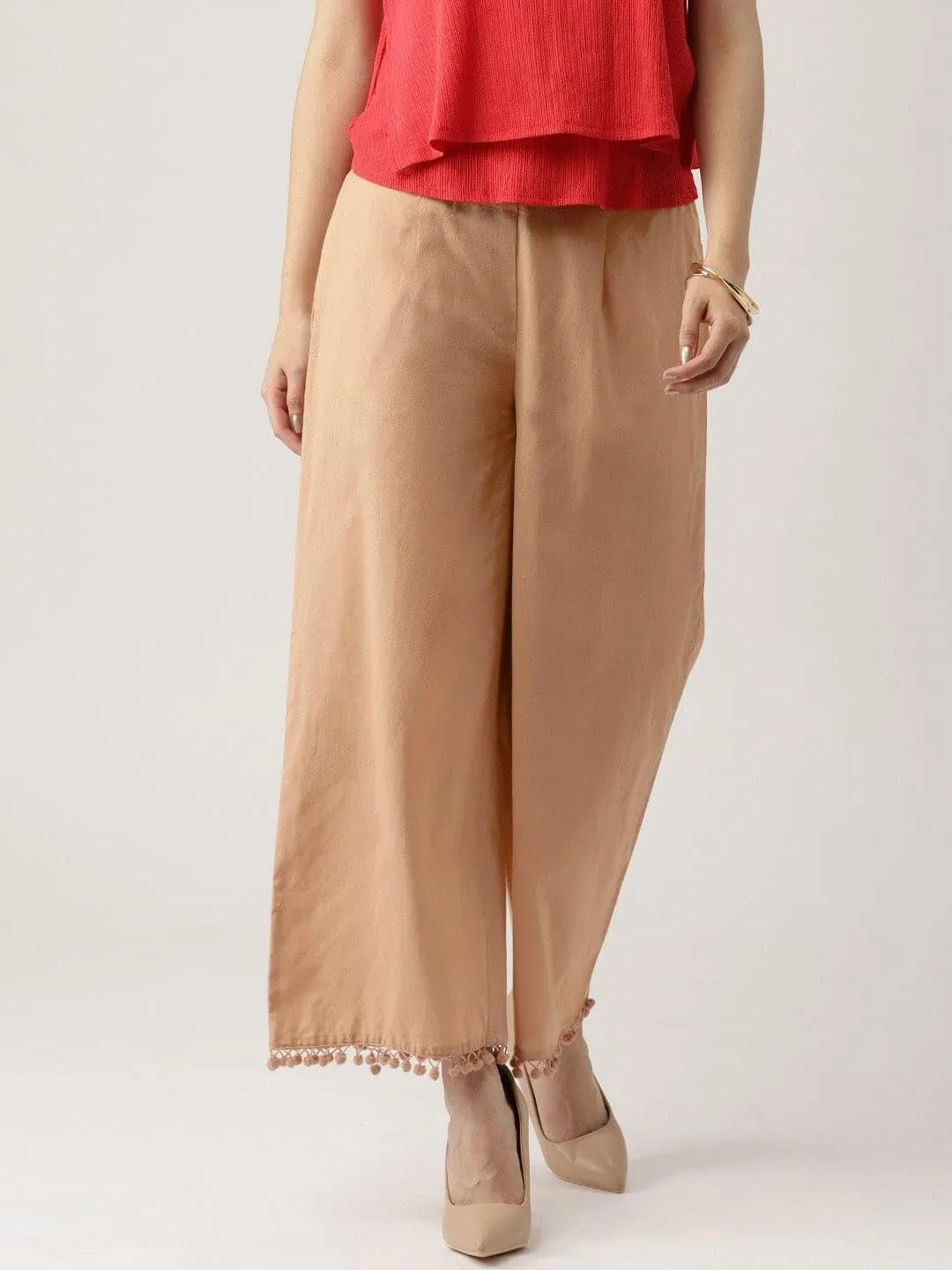 Beige Solid Cotton Palazzos - Jashvi