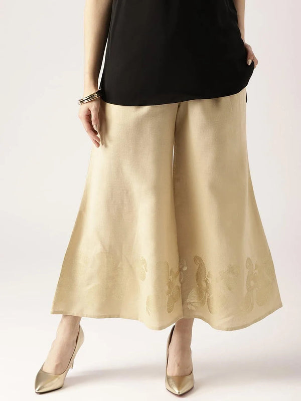 Beige Solid Cotton Palazzos