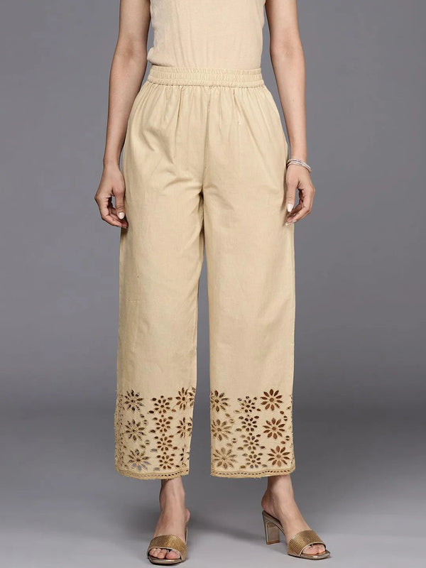 Beige Solid Cotton Palazzos - Jashvi