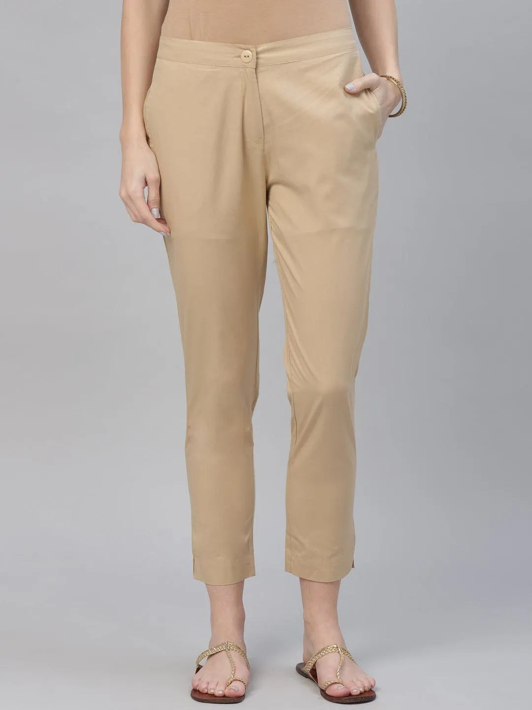 Beige Solid Cotton Trousers - Jashvi