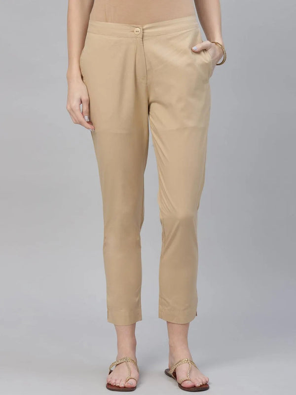 Beige Solid Cotton Trousers - Jashvi