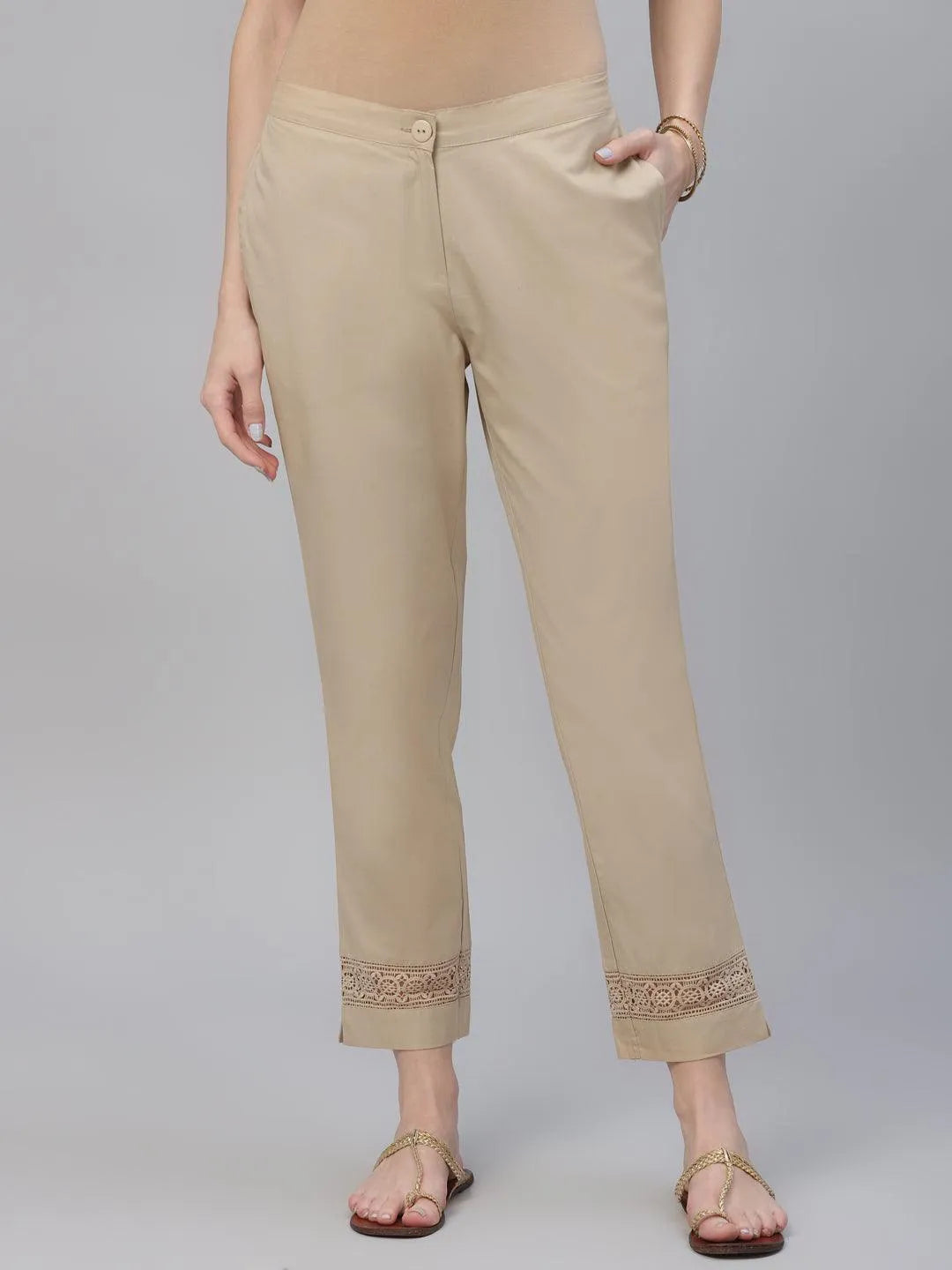 Beige Solid Cotton Trousers - Jashvi