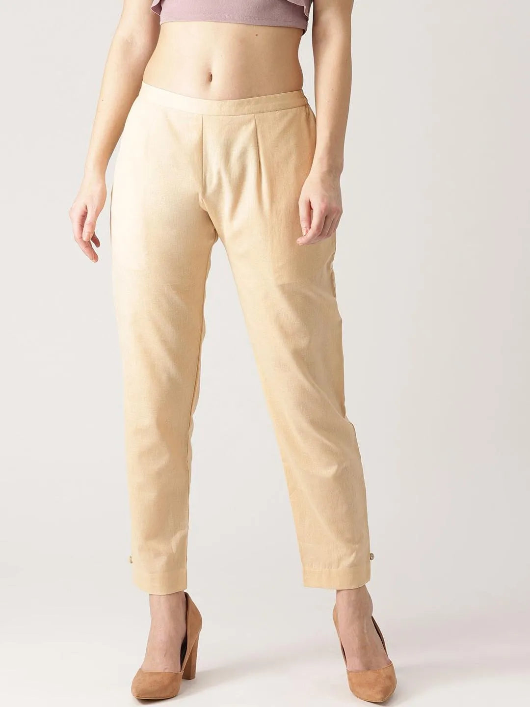 Beige Solid Cotton Trousers - Jashvi