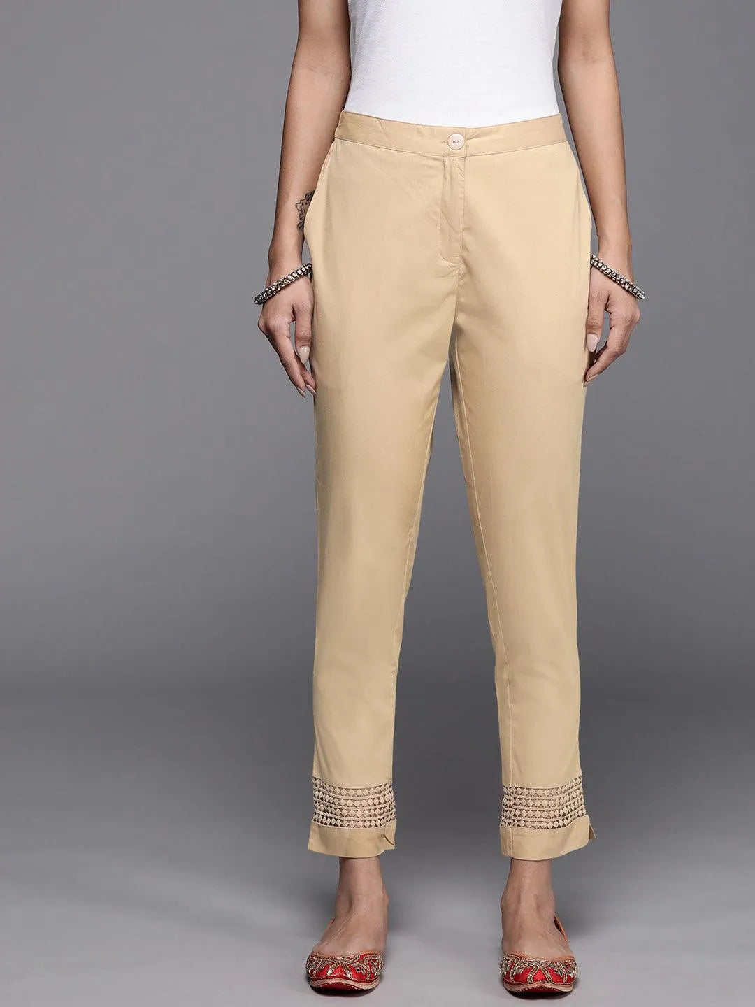 Beige Solid Cotton Trousers - Jashvi