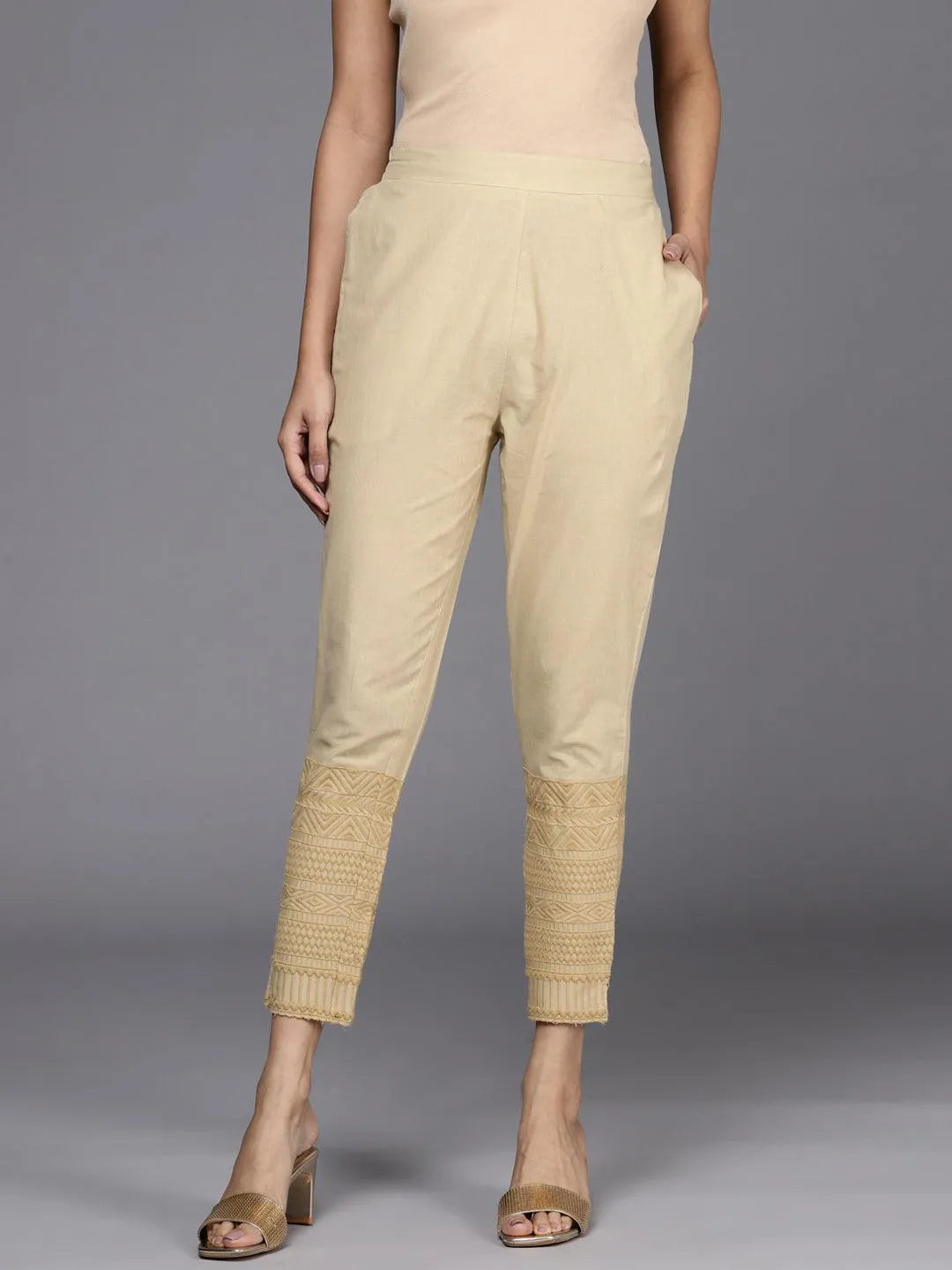 Beige Solid Cotton Trousers - Jashvi