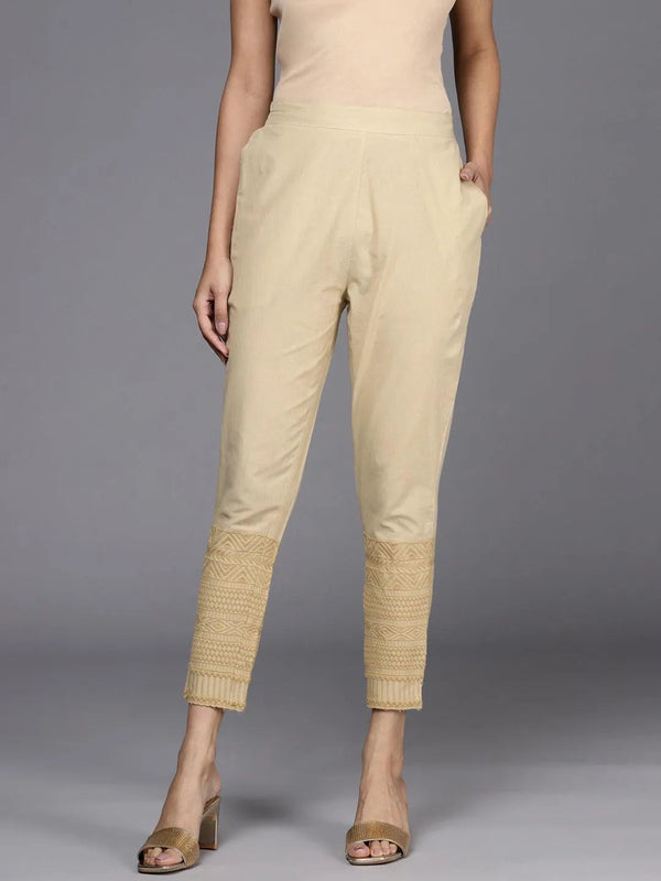 Beige Solid Cotton Trousers - Jashvi