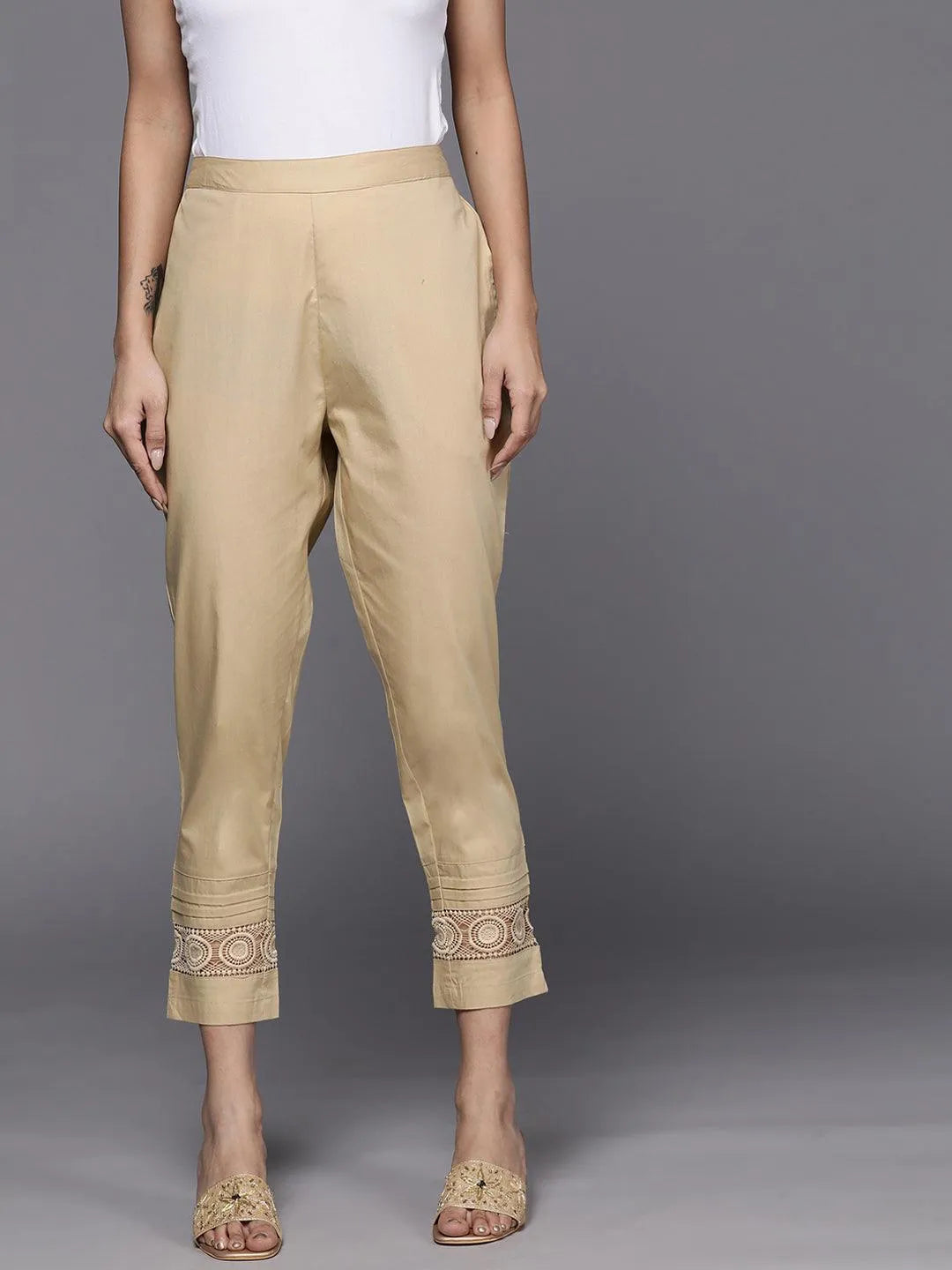 Beige Solid Cotton Trousers - Jashvi