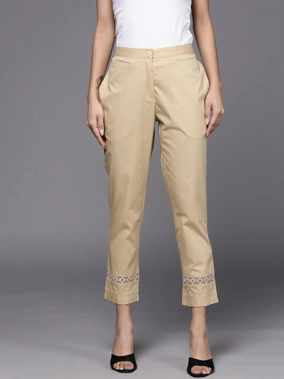 Beige Solid Cotton Trousers - Jashvi