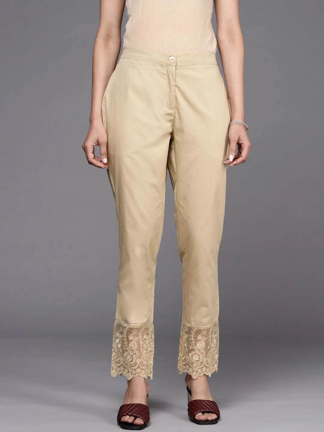 Beige Solid Cotton Trousers - Jashvi