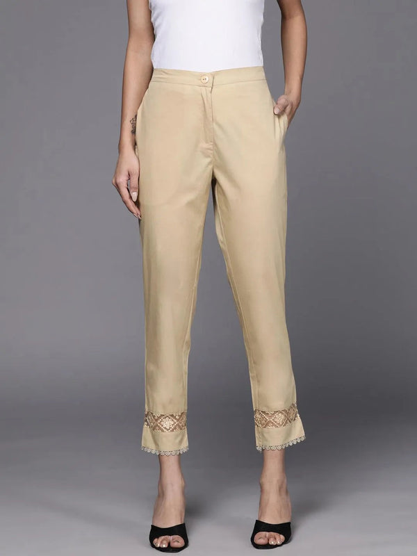 Beige Solid Cotton Trousers - Jashvi