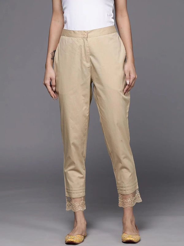 Beige Solid Cotton Trousers - Jashvi