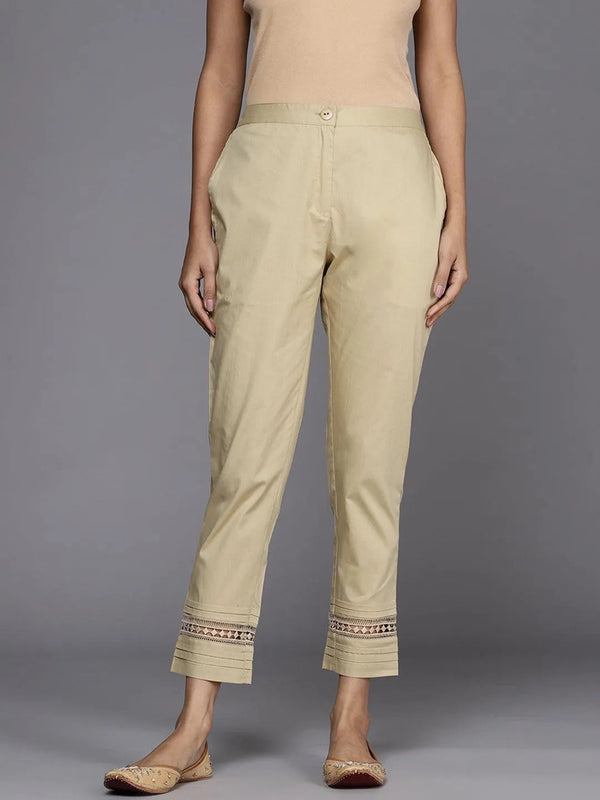 Beige Solid Cotton Trousers - Jashvi