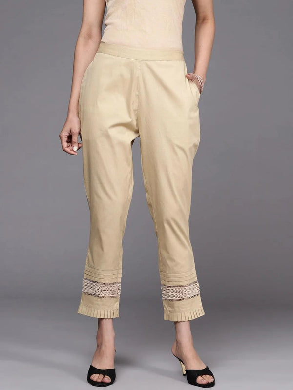 Beige Solid Cotton Trousers - Jashvi