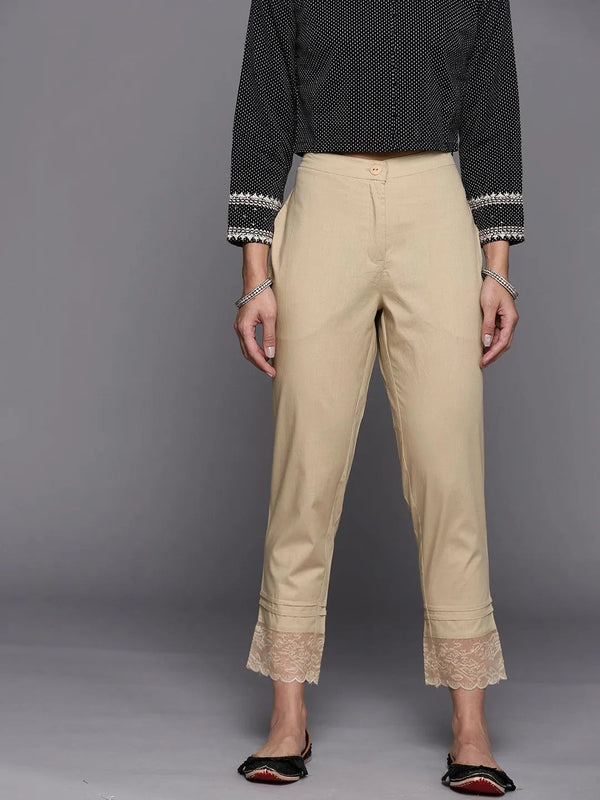 Beige Solid Cotton Trousers - Jashvi