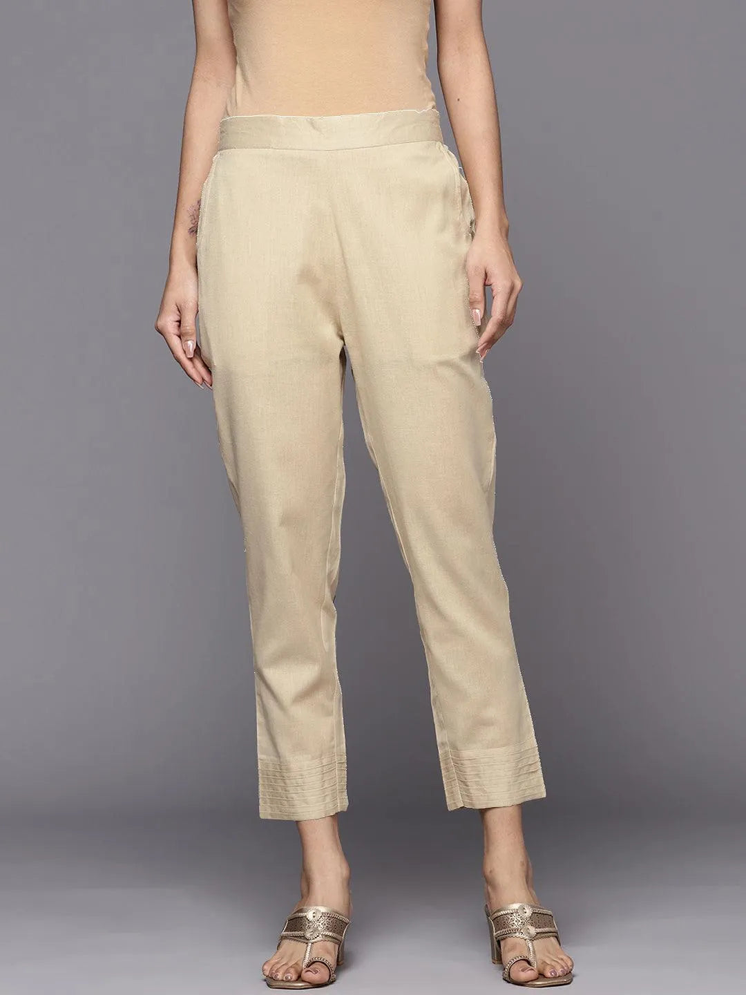 Beige Solid Cotton Trousers - Jashvi