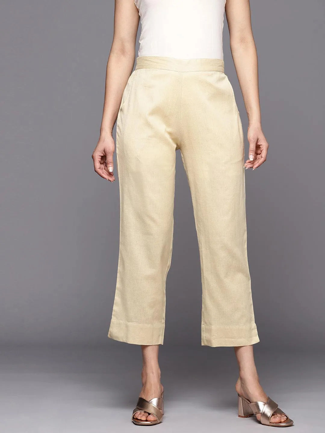 Beige Solid Cotton Trousers - Jashvi