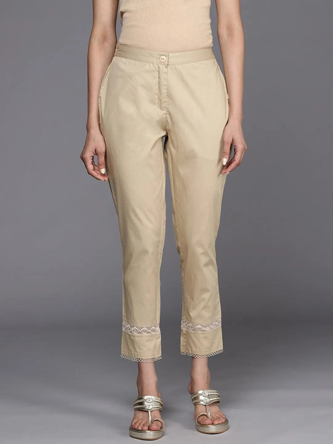 Beige Solid Cotton Trousers - Jashvi