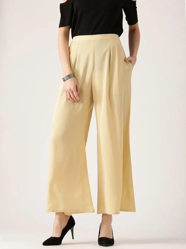 Beige Solid Crepe Palazzos