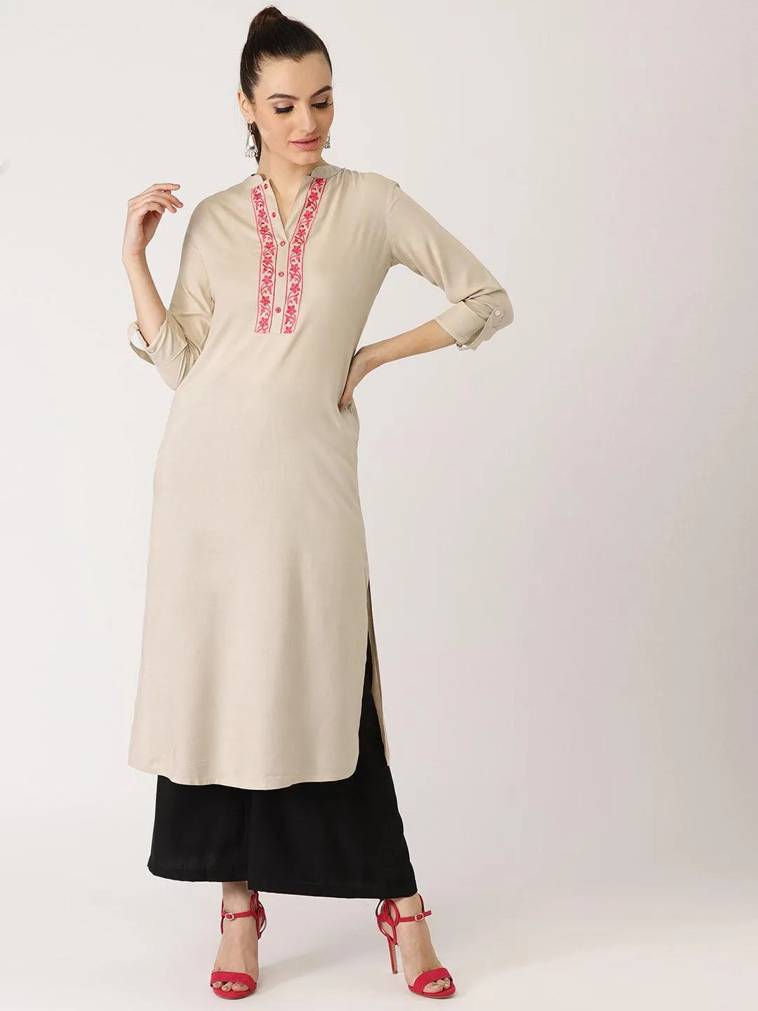 Beige Solid Rayon Kurta - Jashvi