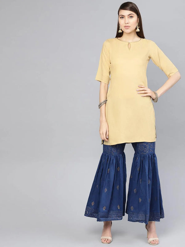 Beige Solid Rayon Kurta Set - Jashvi