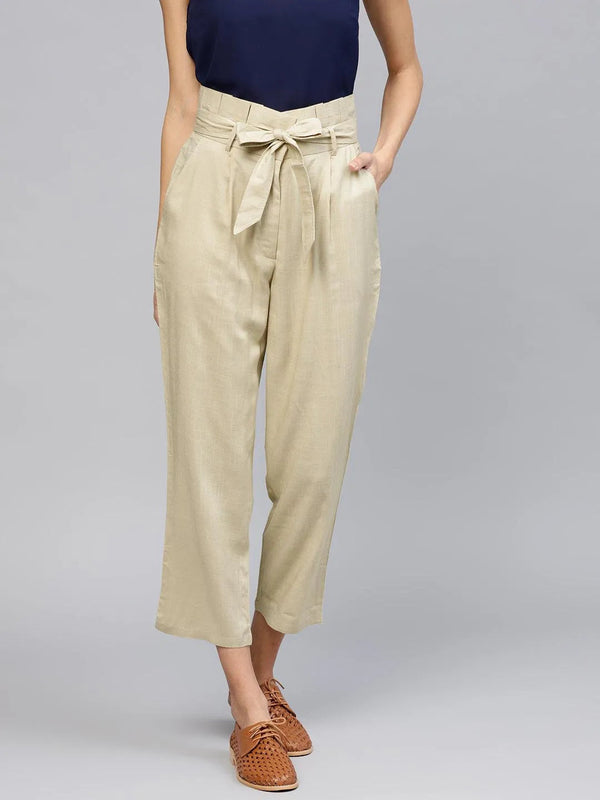 Beige Solid Rayon Trousers