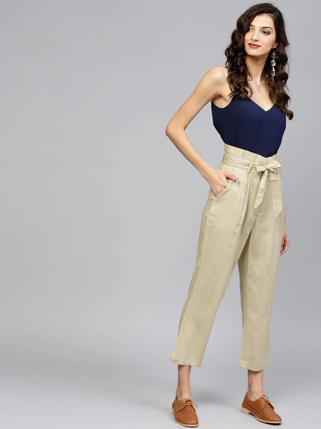 Beige Solid Rayon Trousers - Jashvi