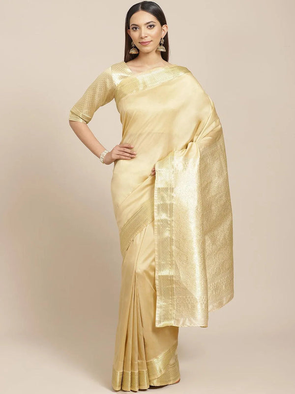 Beige Solid Silk Blend Saree - Jashvi