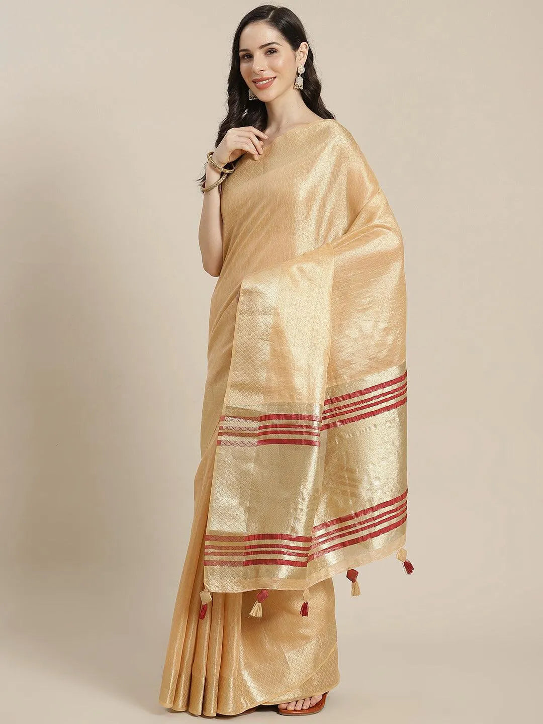 Beige Solid Silk Blend Saree - Jashvi