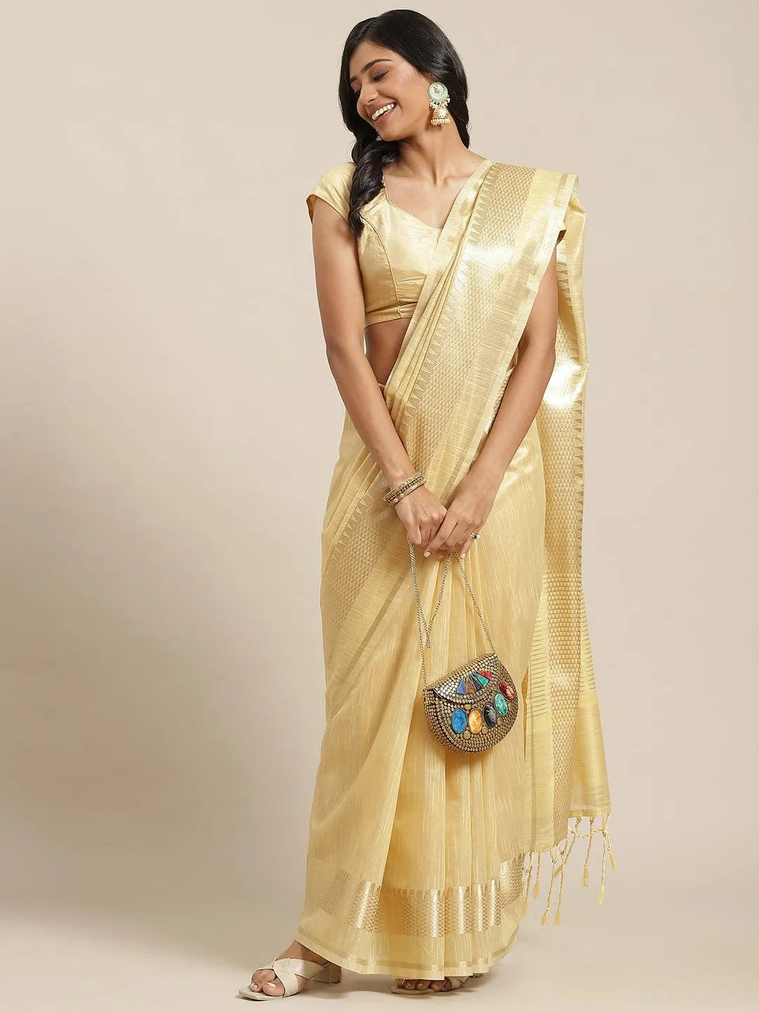 Beige Solid Silk Blend Saree - Jashvi