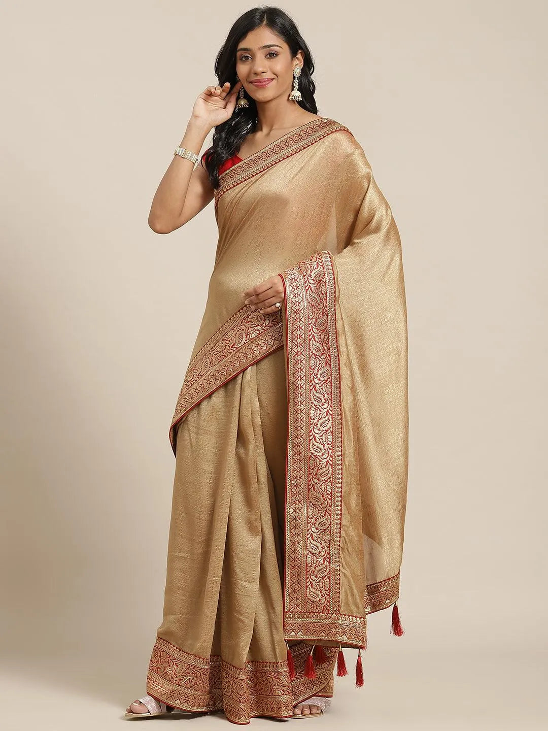 Beige Solid Silk Blend Saree - Jashvi