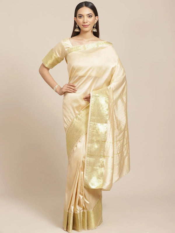 Beige Solid Silk Blend Saree - Jashvi