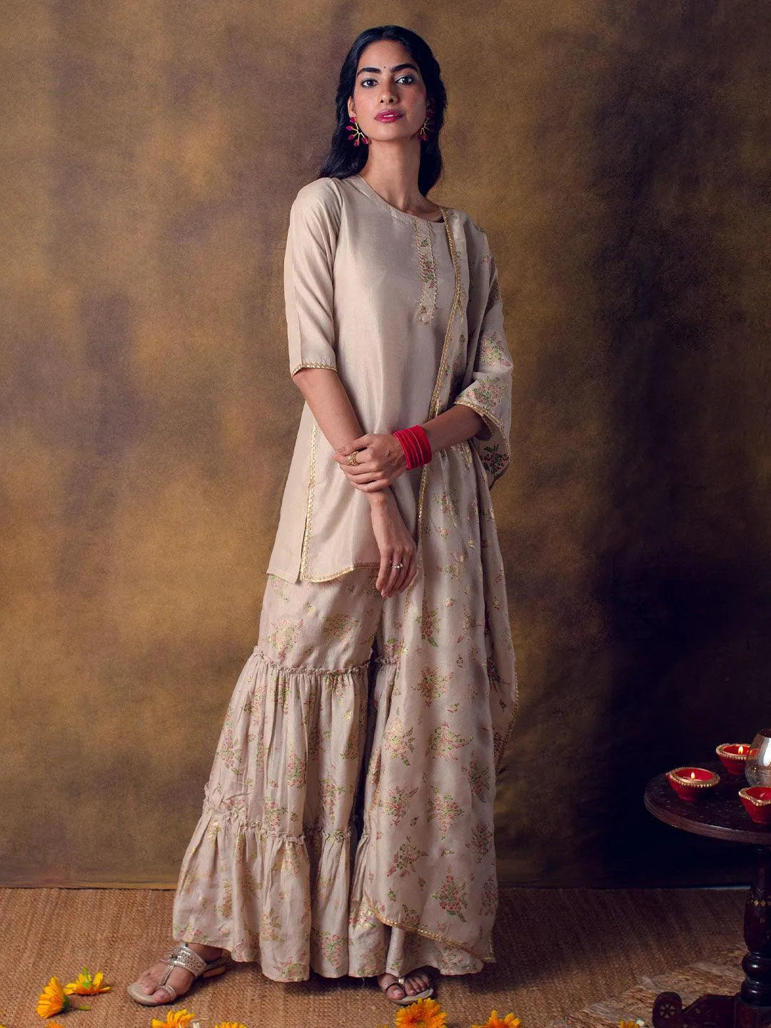 Beige Solid Silk Blend Suit Set - Jashvi