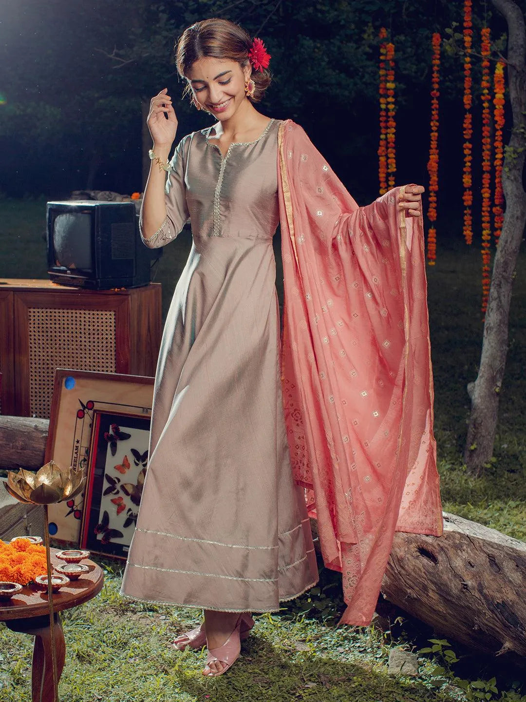 Beige Solid Silk Dress With Dupatta - Jashvi