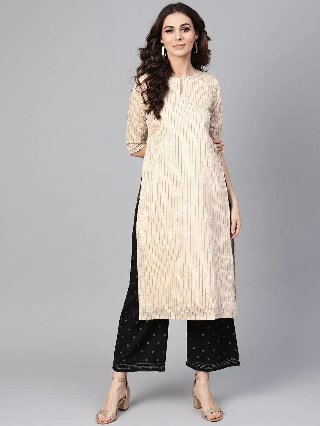 Beige Striped Chanderi Kurta - Jashvi