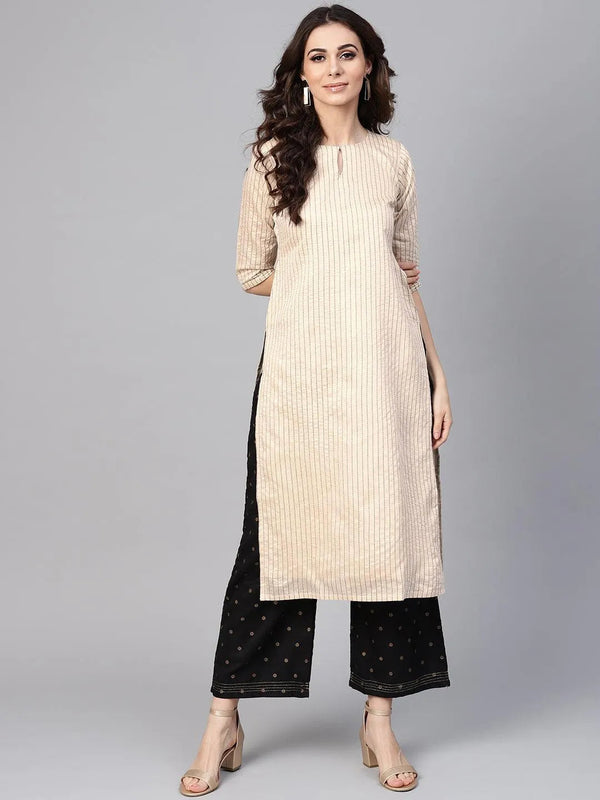 Beige Striped Chanderi Kurta - Jashvi