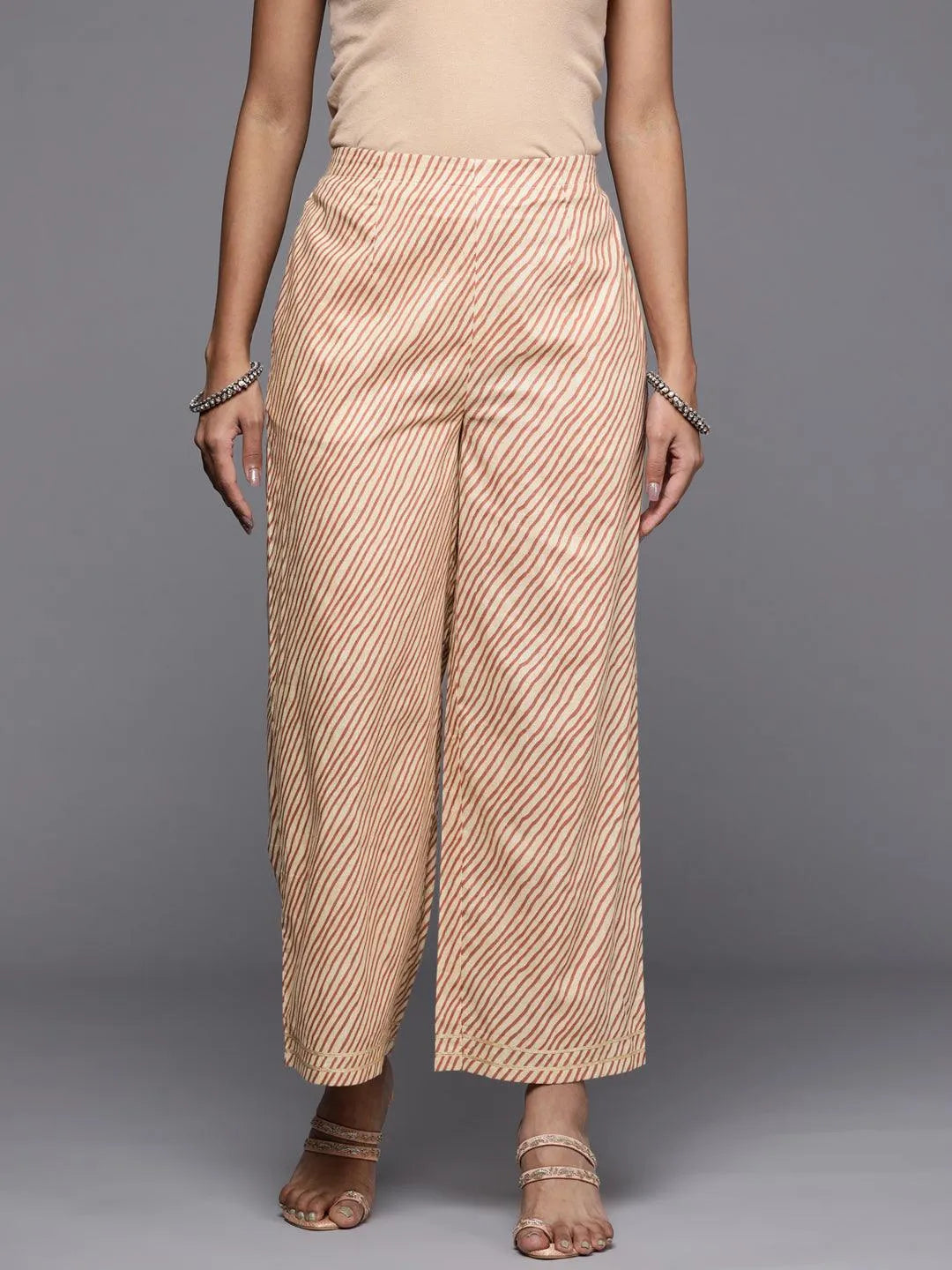 Beige Striped Cotton Palazzos - Jashvi