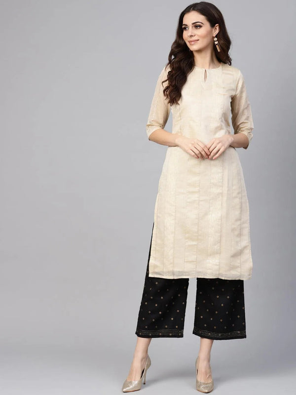 Beige Striped Polyester Kurta - Jashvi