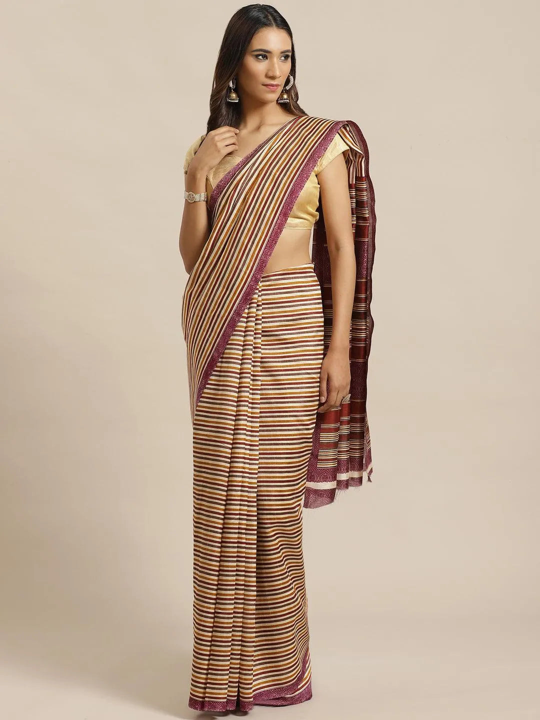 Beige Striped Silk Blend Saree - Jashvi