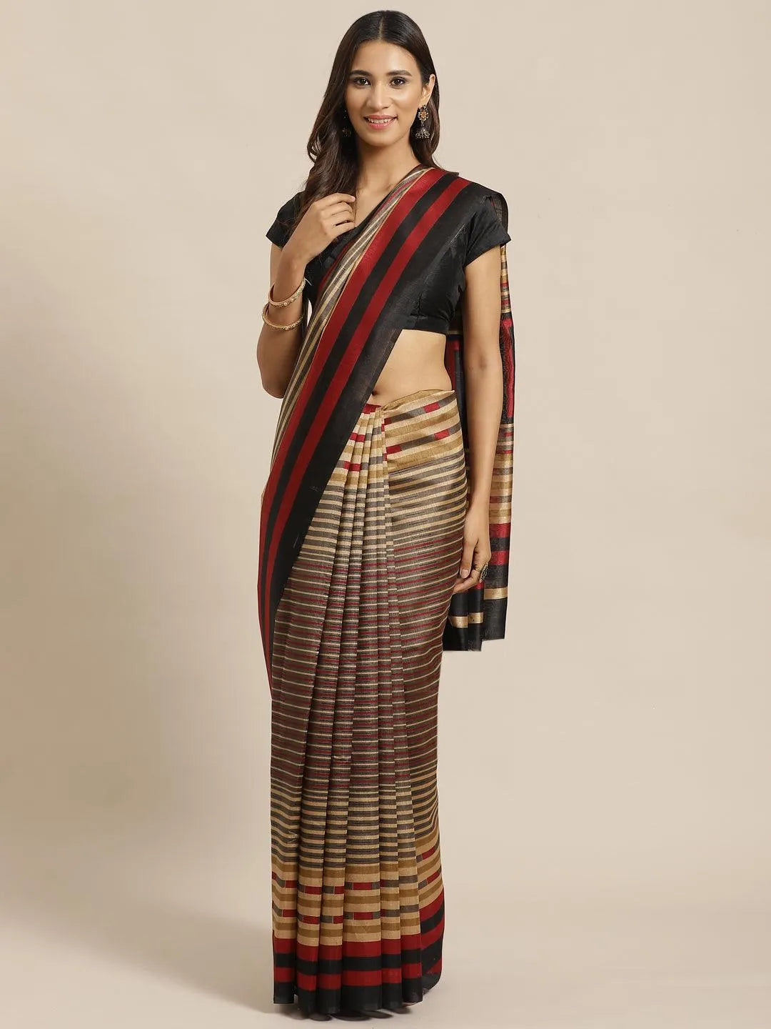 Beige Striped Silk Blend Saree - Jashvi