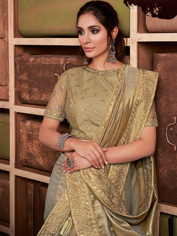 Women's Beige Tussar Silk Designer Saree With Blouse - Odette