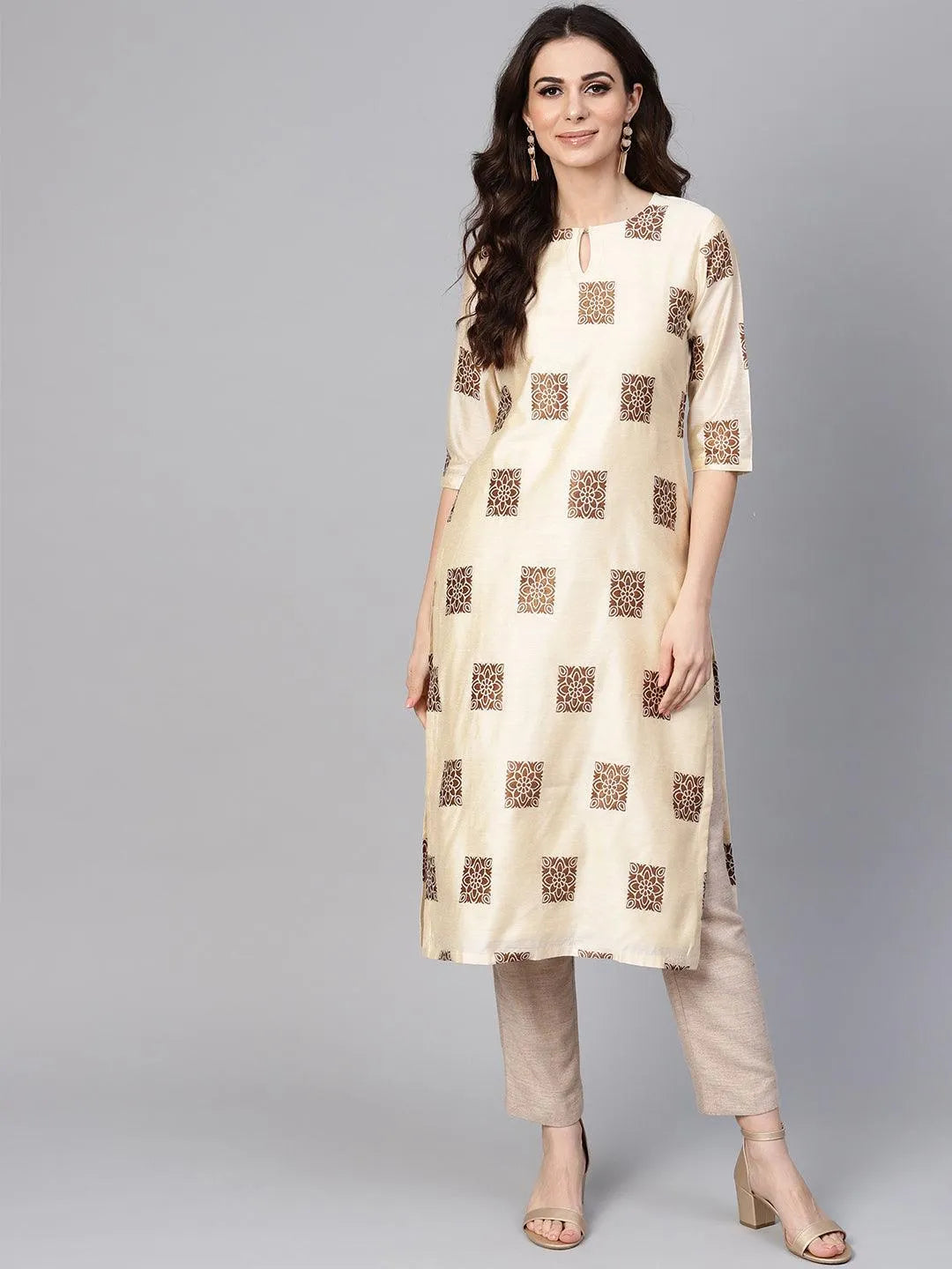 Beige Woven Design Chanderi Kurta - Jashvi