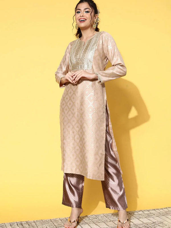 Beige Woven Design Chanderi Silk Straight Kurta - Jashvi