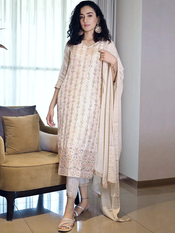 Beige Woven Design Silk Straight Kurta With Dupatta - Jashvi