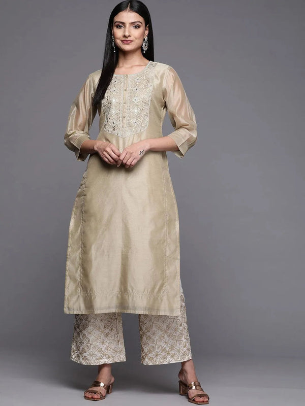 Beige Yoke Design Chanderi Cotton Straight Kurta - Jashvi