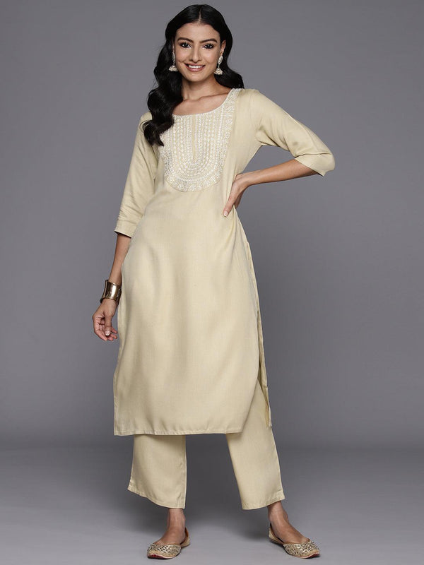 Beige Yoke Design Wool Blend Straight Kurta With Trousers - Jashvi