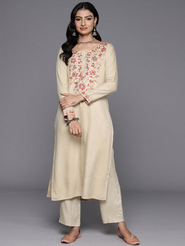 Beige Yoke Design Wool Blend Straight Kurta With Trousers - Jashvi