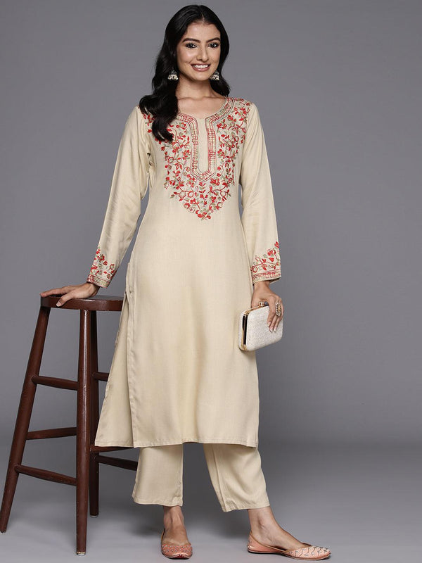 Beige Yoke Design Wool Blend Straight Kurta With Trousers - Jashvi