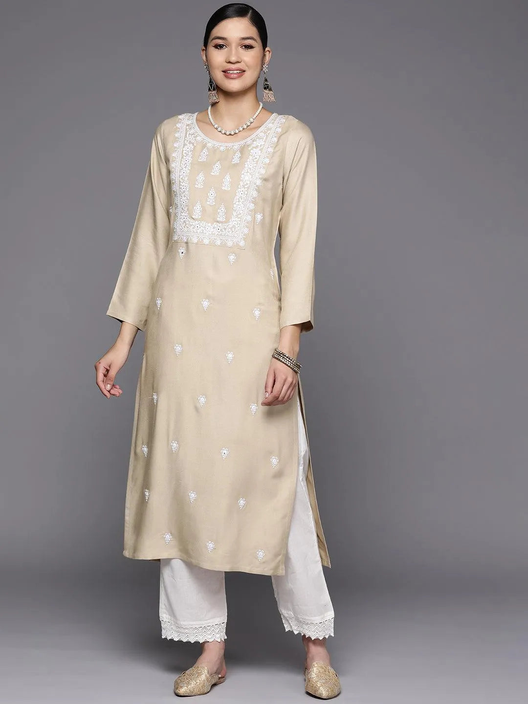 Beige Yoke Design Wool Straight Kurta - Jashvi