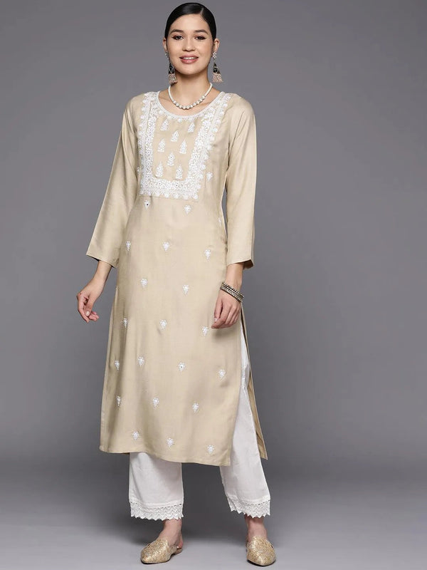 Beige Yoke Design Wool Straight Kurta - Jashvi