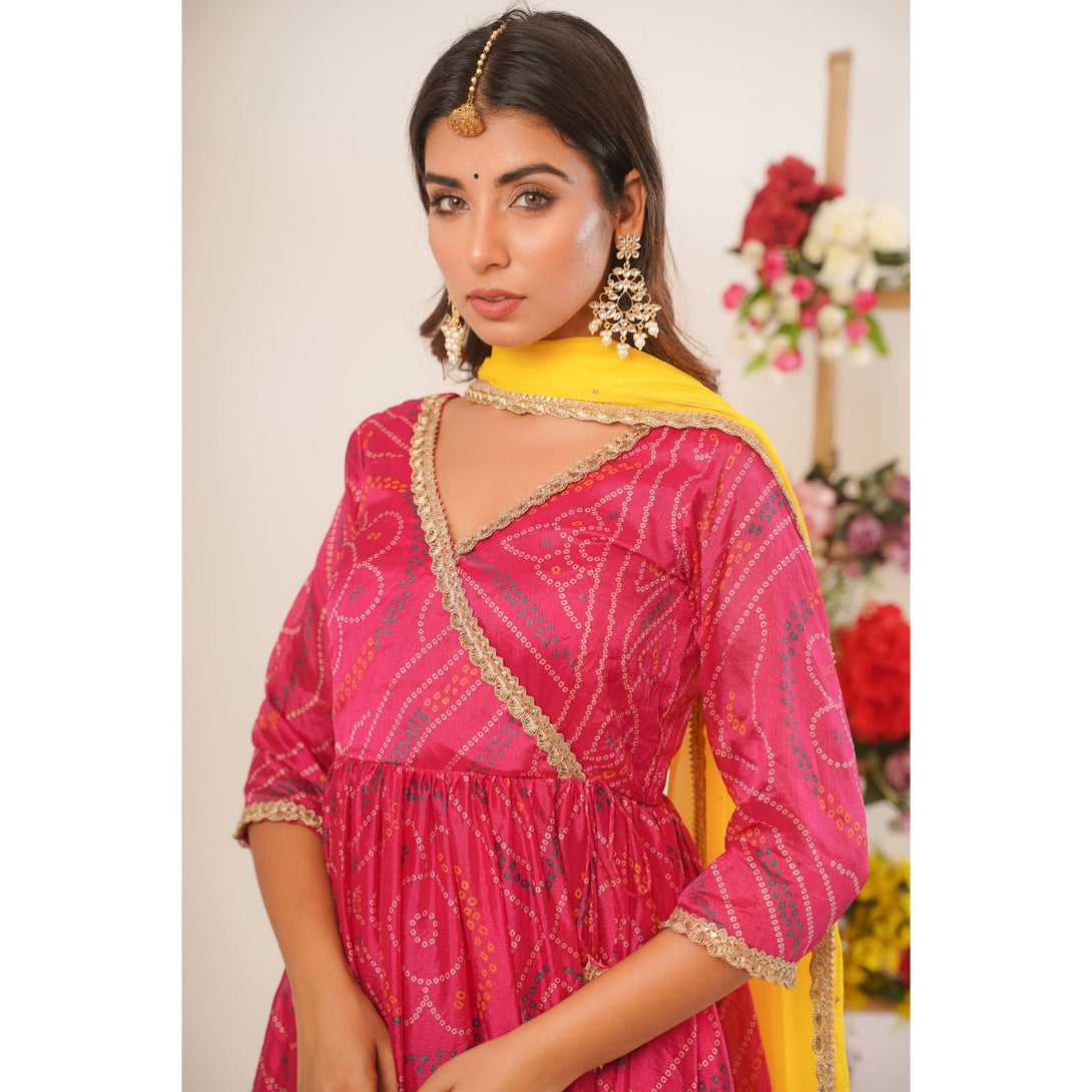 Women's Magenta Bandhani Angrakha Set With Dupatta - Rangpur